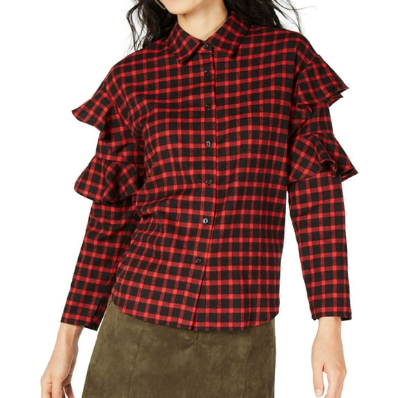 Sage The Label Womens Ruffle Sleeve Button Down Blouse, Black, Large