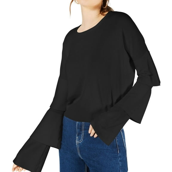 Sage The Label Womens Tiered-Sleeve Cropped Pullover Sweater, Black, Medium