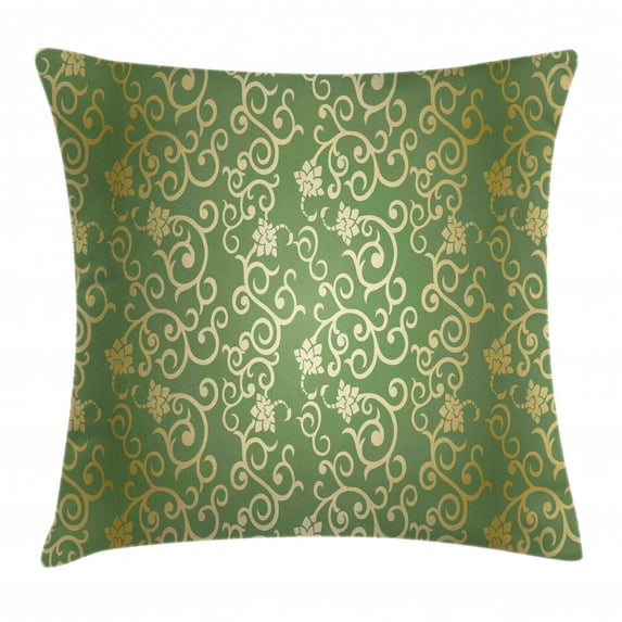 Sage Throw Pillow Cushion Cover, Old Fashioned Pattern with Vintage Curls Swirls Traditional Artistic Floral Flourishes, Decorative Square Accent Pillow Case, 24 X 24 Inches, Green Gold, by Ambesonne