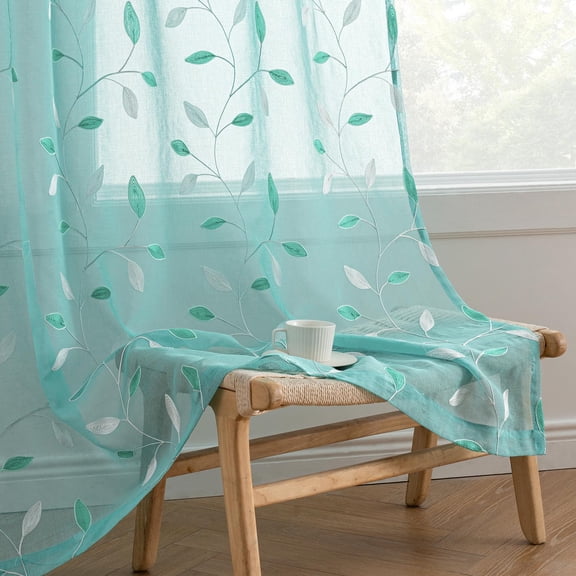 Sage Turquoise Sheer Curtains 2 Panels Embroidered Leaf Patterned Rod Pocket Floral Semi Sheer Faux Linen Window Curtains Drapes Set for Living Room Bedroom Dining Room, 52x84 Inches Long