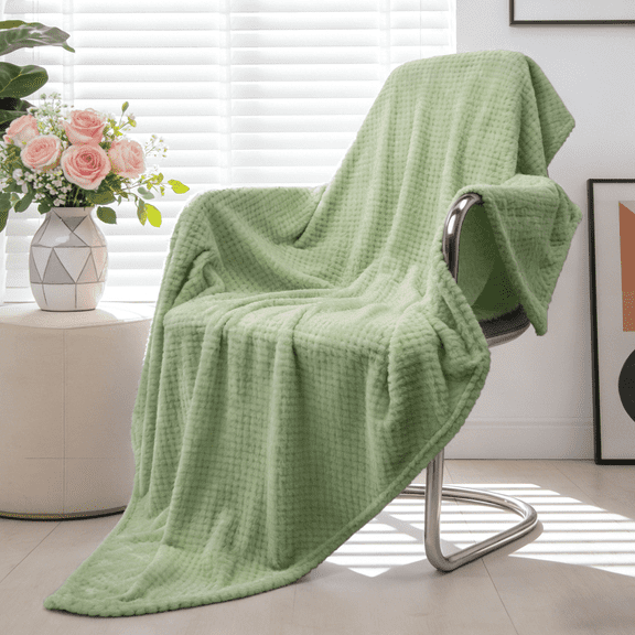 Throw Blanket, 260GSM Soft Jacquard Blanket for Couch, Waffle Weave Fuzzy Throws for Home Decor, Lightweight and Warm Bed Blankets for Bed Sofa Office Travel, Sage