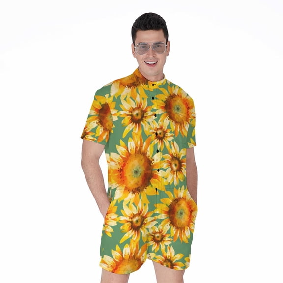 Sage Watercolor Sunflower Pattern Short Sleeve Men'S Rompers Casual Summer Jumpsuits Outfit