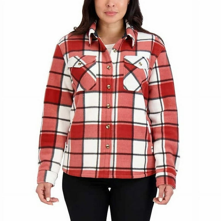 Sage Women's Long Sleeve Plaid Super Plush Sherpa Lined Fleece Shirt Jacket  (Red, XX-Large)