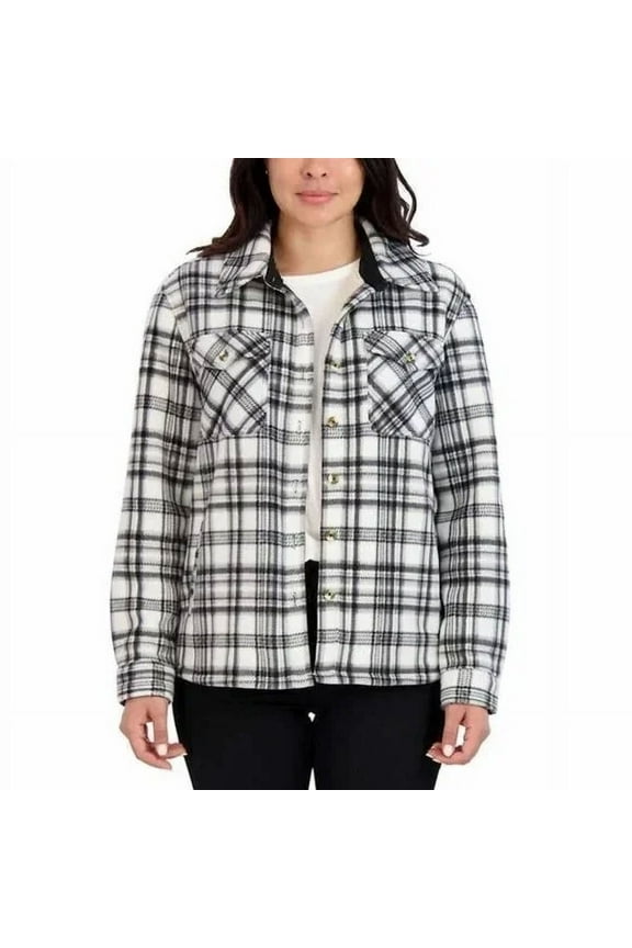 Women's Long Sleeve Plaid Super Plush Sherpa Lined Fleece Shirt Jacket (White, Small)