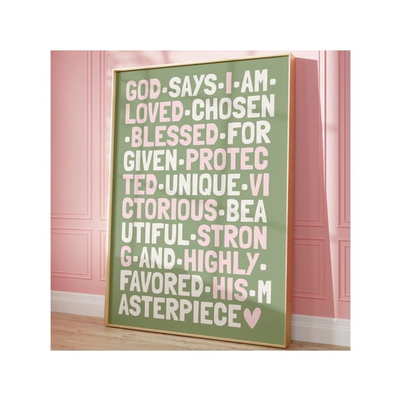 Sage and Pink God Says I am Girly Christian Aesthetic Bible Verse Identity Art, Unframed Canvas 16x20in
