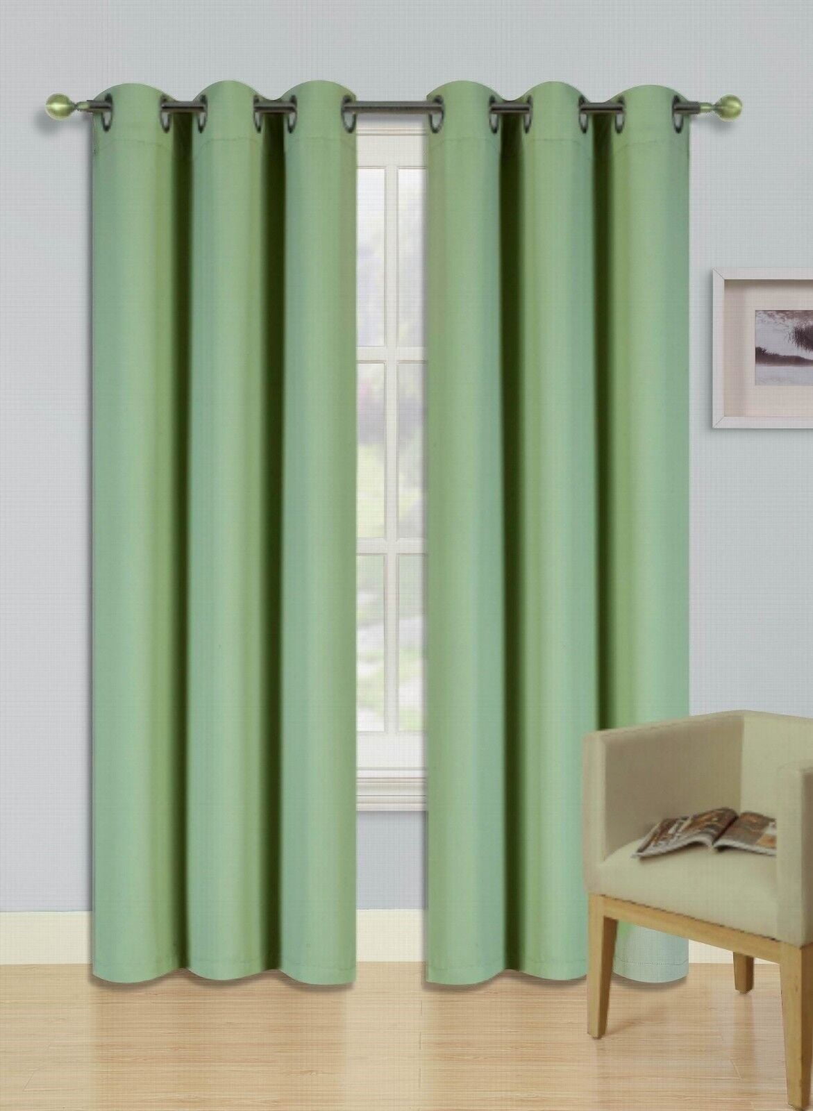 Sage green color K68 2-Piece indoor and outdoor thermal unlined sun blocking grommet window curtain set of 2 panels 37" inch x 84" inch 100% privacy