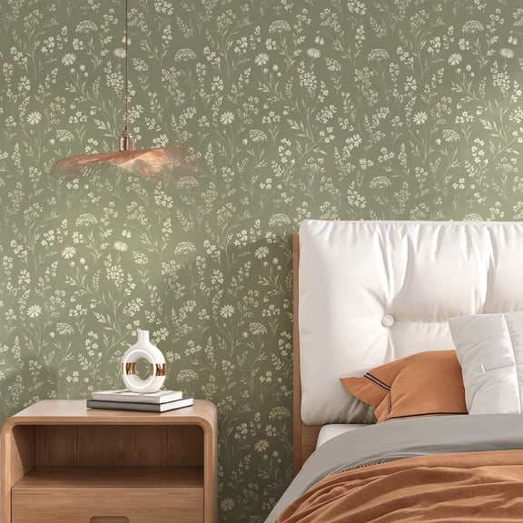 Sage green wildflower botanical wallpaper.vintage farmhouse style.suitable for interior walls or cupboards.elegant floral greenery decor peel and stick wallpaper.