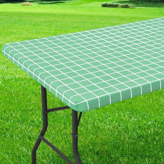 SageGreen Grid Pattern Vinyl Tablecloth, Elastic Fitted Flannel Backed Cover For 6ft Folding Tables, Waterproof Indoor Outdoor Use