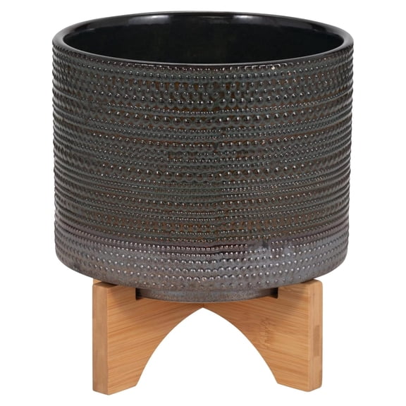 Sagebook Home 8" Ceramic Planter on Bamboo Wood Stand - Green Plant Stand with Contemporary Dotted Design - Indoor or Outdoor Plants and Succulents