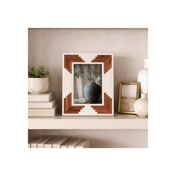 Sleek Resin Photo Frame with Cascading Wood Design for Home Decor Chic Picture Frames for Living Room Centerpiece, Tabletop, and Shelf Styling - Decorative Frame for Office Desk - 9", White & Brown