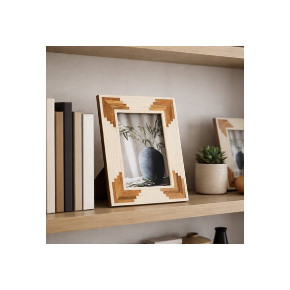 Sleek Resin Photo Frame with Cascading Wood Design for Home Decor Chic Picture Frames for Living Room Centerpiece, Tabletop, and Shelf Styling - Decorative Frame for Office Desk - 10", White & Brown