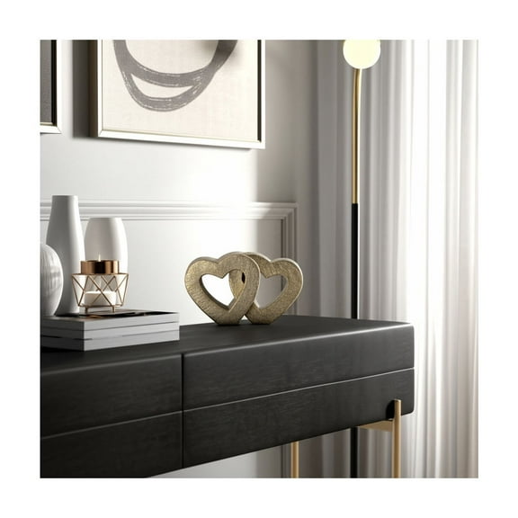 Glam Interlocking Heart Sculpture - Ceramic Ceramic Decorative Object - Metallic Finish - Elegant Home & Office Decor for Living Room, Bedroom - 6" Gold