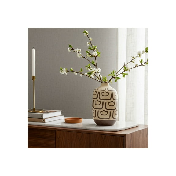 Ceramic Stoneware Vase - Geometric Pattern - Modern Decorative Accent - Home & Office Decor  - 10" Ivory & Tan