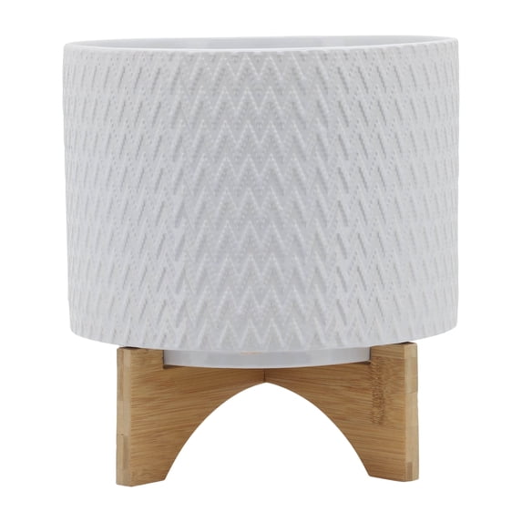 Sagebrook Home 10" Chevron Planter With Stand, White, Round, Ceramic, Contemporary, 11"L X 11"W X 10"H, Chevron