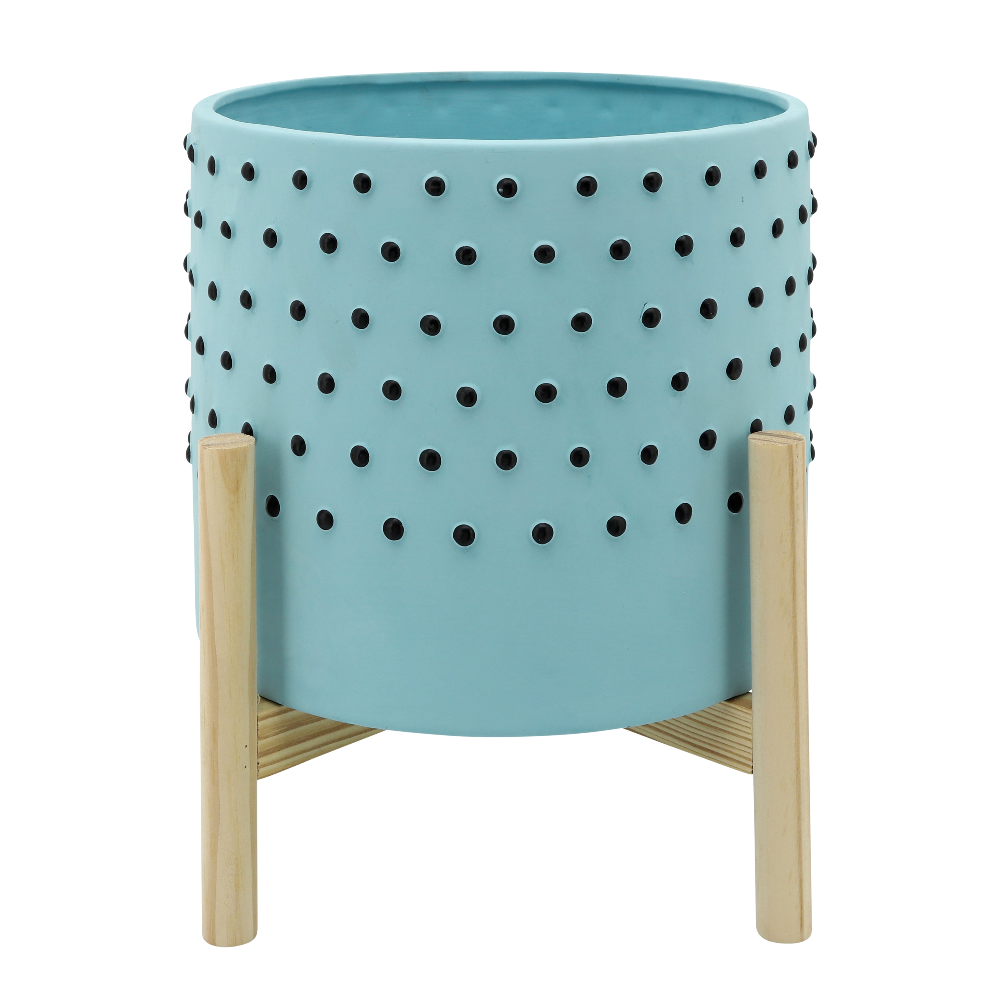 10" Blue Ceramic Planter with Wooden Stand