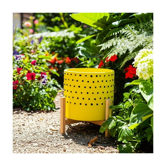 Ceramic Planter with Stand - Modern Ceramic Pot, Durable & Stylish, Indoor & Outdoor Decorative Plant Holder, Lightweight, Wooden Legs - 11" Yellow