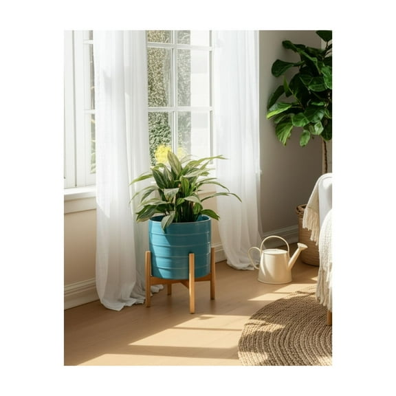 Ceramic Planter with Stand - Durable Ceramic Pot - Modern Indoor Outdoor Home & Garden Decor - 11" Blue