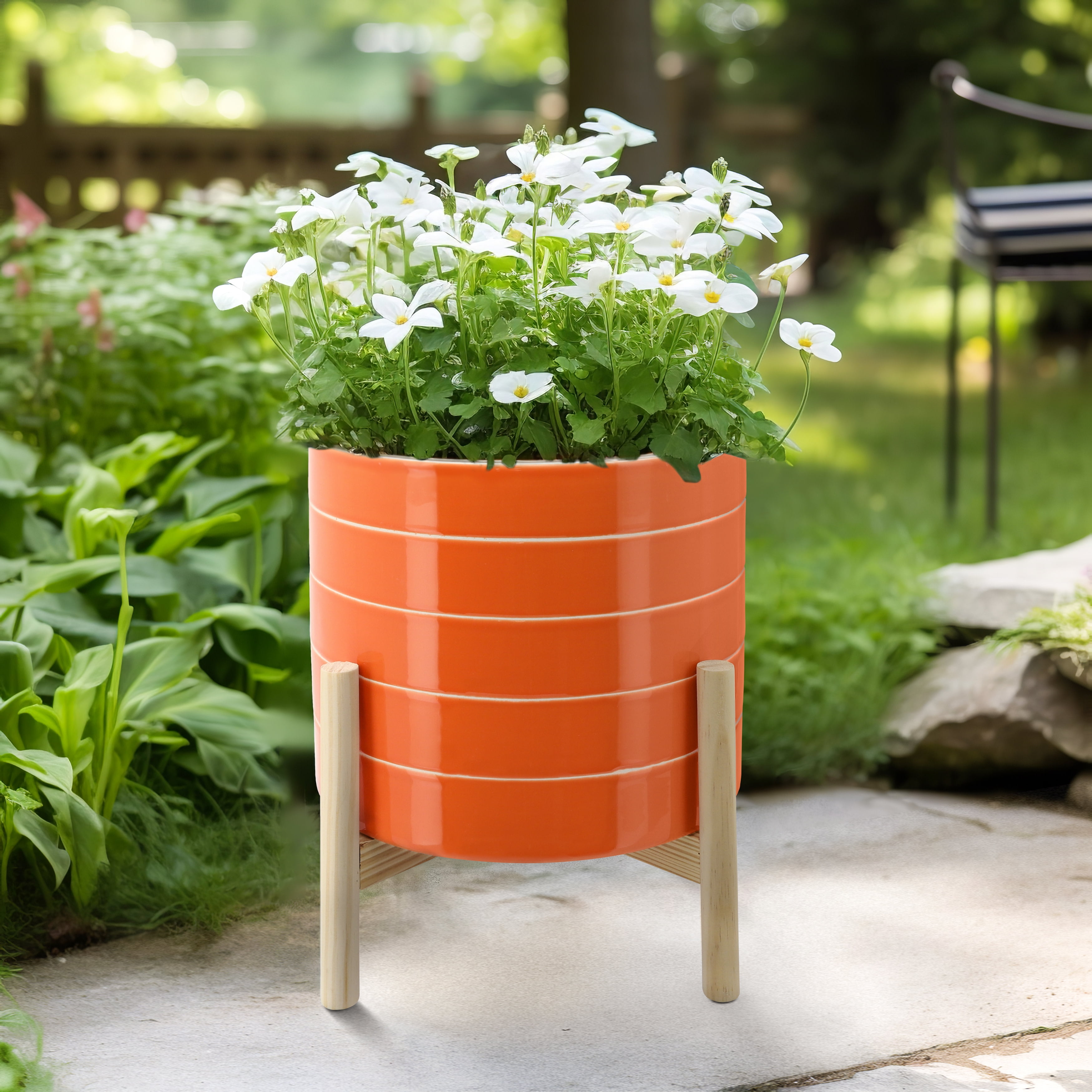 10" Orange Ceramic Planter with Wood Stand