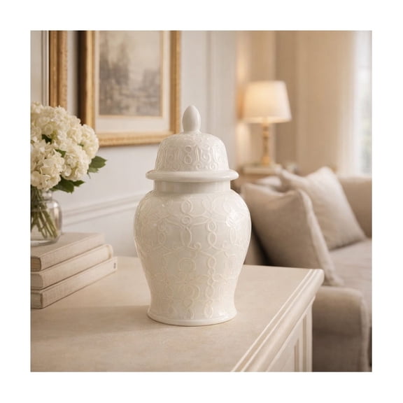 Timeless Ceramic Jar for Living Room - Classic Home Decor Accent with Traditional Appeal - Decorative Flower Vase for Room, Bedroom, House, Office, and Table Styling - 10.5", Ivory & White