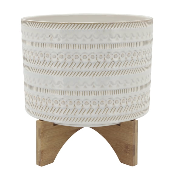 Sagebrook Home 10" Tribal Planter With Wood Stand, Beige, Round, Ceramic, Contemporary, 11"L X 11"W X 12"H, Tribal