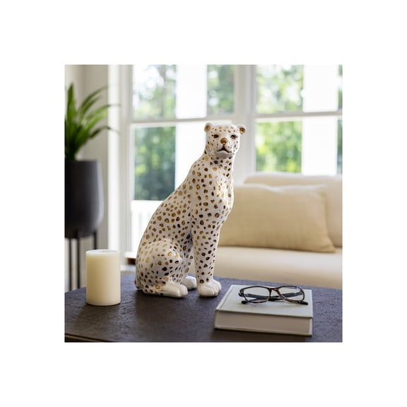 Sitting Leopard Sculpture Statue for Home Decor - Ceramic Animal Accent for Office, Room, and Shelf Decor Display - Ornaments Coffee Table, Bathroom, and Living Room Styling - 13", White & Gold