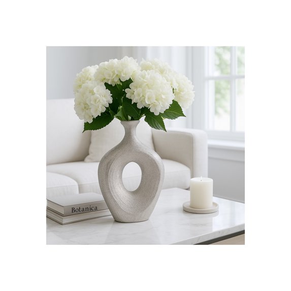 Elegant Ceramic Vase with Hollow Center for Living Room Decor - Contemporary Flower Vase for Home Decor and Room Display - Sculptural Accent for Bedroom, House, Office and Table - 14", Silver