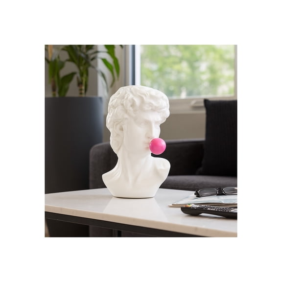 Resin Greek God Head Sculpture with Gum Accent for Home Decor - Ornaments for Bathroom, Office, and Living Room - Sculptural Figurine for Shelf or Coffee Table Decor Display - 13", White & Pink