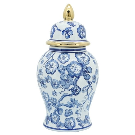 Sagebrook Home 14" Temple Jar with Hibiscus, Blue & White