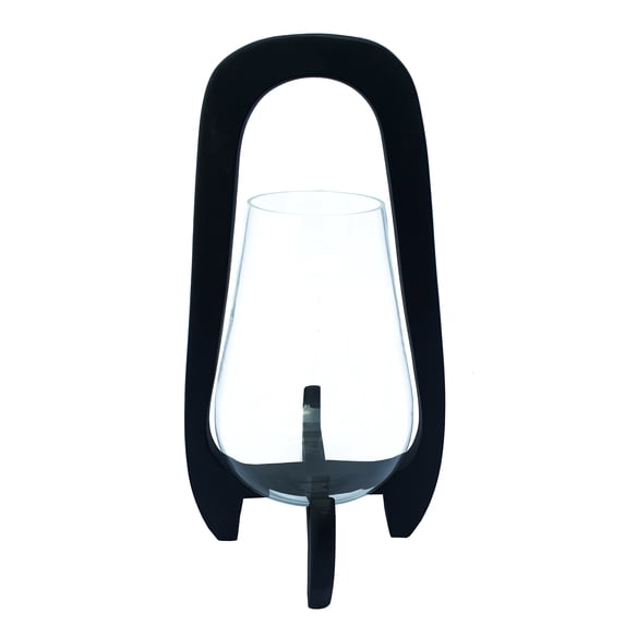 Decorative Glass Lantern Candle Holder with Wood Handle - Stylish Pillar Candlestick Holder for Table Centerpiece or Living Room Decor - Versatile Home Decor Accent for Indoor or Outdoor - 15", Black