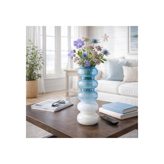 Sculptural Glass Vase for Living Room Decor - Modern Home Decor Accents with Elegant Stacked Form - Decorative Flower Vase for Room, Bedroom, House, Office, and Table Design - 17", Blue
