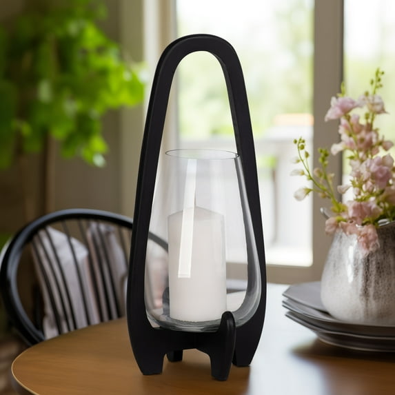 Sagebrook Home 18"H Glass Lantern With Wood Handle, Black