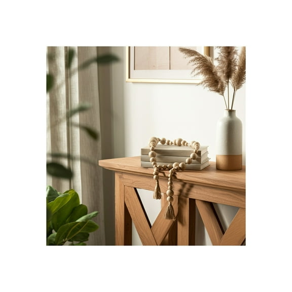 Mango Wood Beaded Garland with Jute Tassels - Rustic Home Decor for Living Room, Bedroom, Office - 2" Ivory & Tan