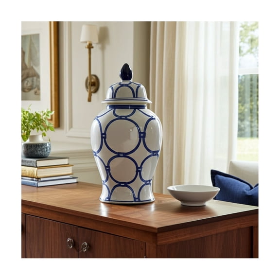Ceramic Ginger Jar with Lid - Traditional Ceramic Decorative Vase for Home, Office, Bedroom, or Living Room - 18" Blue & White