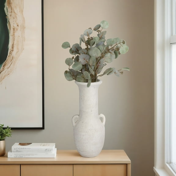 Terracotta Pottery Vase - Amphora Style Decorative Flower Vase for Home, Office & Living Room - Handcrafted Rustic Design - 19" White