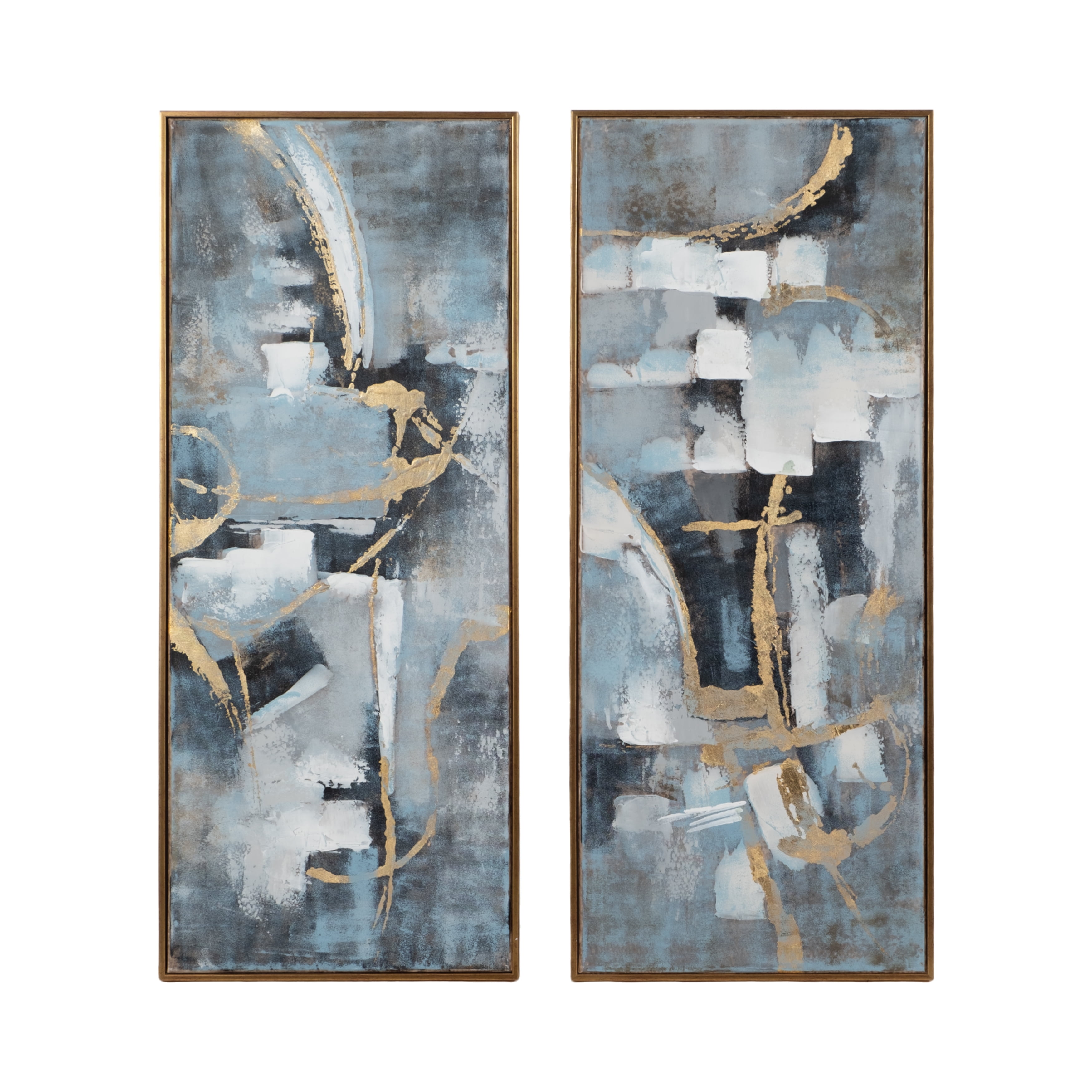 51" x 21" Blue and Gold Abstract Oil Painting on Canvas