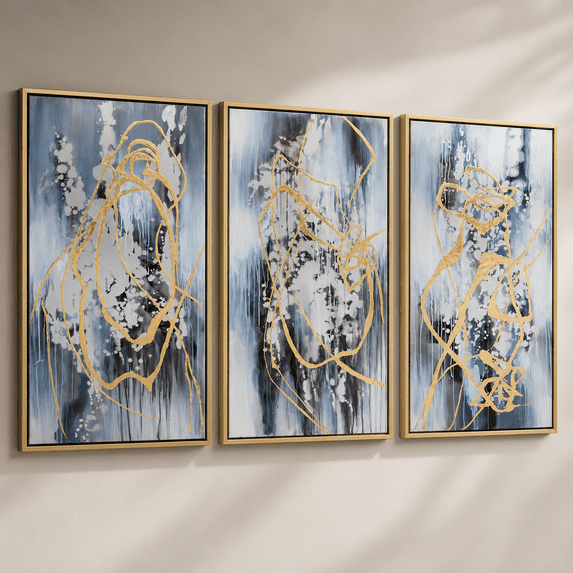 Modern Abstract Canvas for Home Wall Decor - Decorative Framed Wall Art for Living Room and Dining Room Decor - House Accent for Entryway or Bedroom Styling - Set of 3, 42", Blue & White