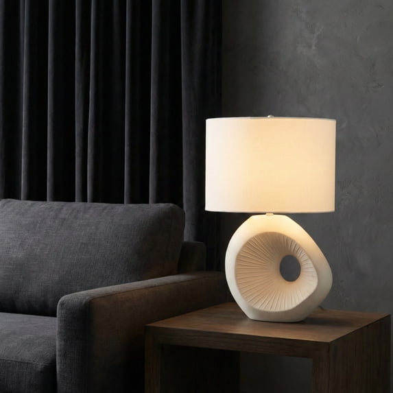 Sculptural Ceramic Table Lamp with Shade for Home Decor - Decorative Accent for Bedroom and Living Room Display - Contemporary Bedside Lamp for Nightstand and Desk Styling - 26", Ivory & Tan