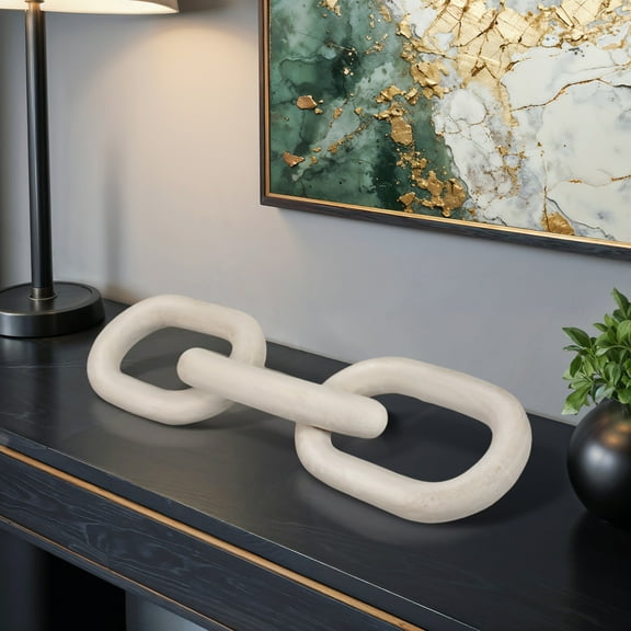 Handcrafted Wooden Chain Link Decor - Paulownia Wood Modern Accent Piece for Home, Office, Living Room & Bedroom - Casual Style Decorative Object - 4" White