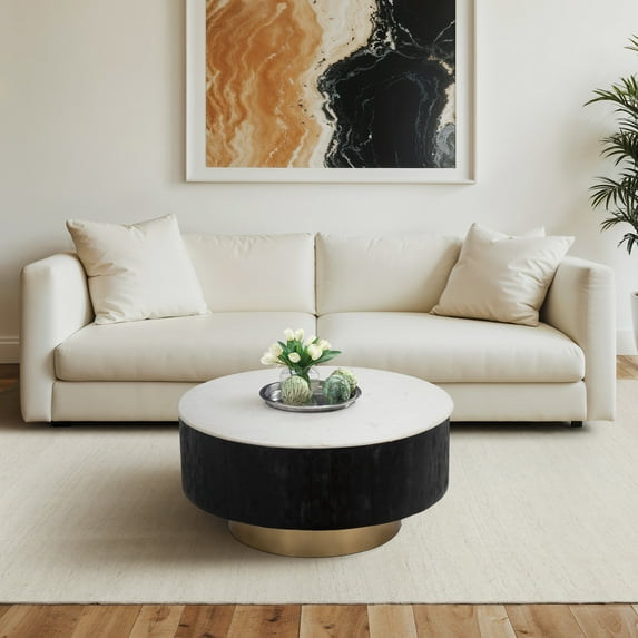 Sagebrook Home 34" Gold Pedestal Coffee Table Marble Top, White/Black