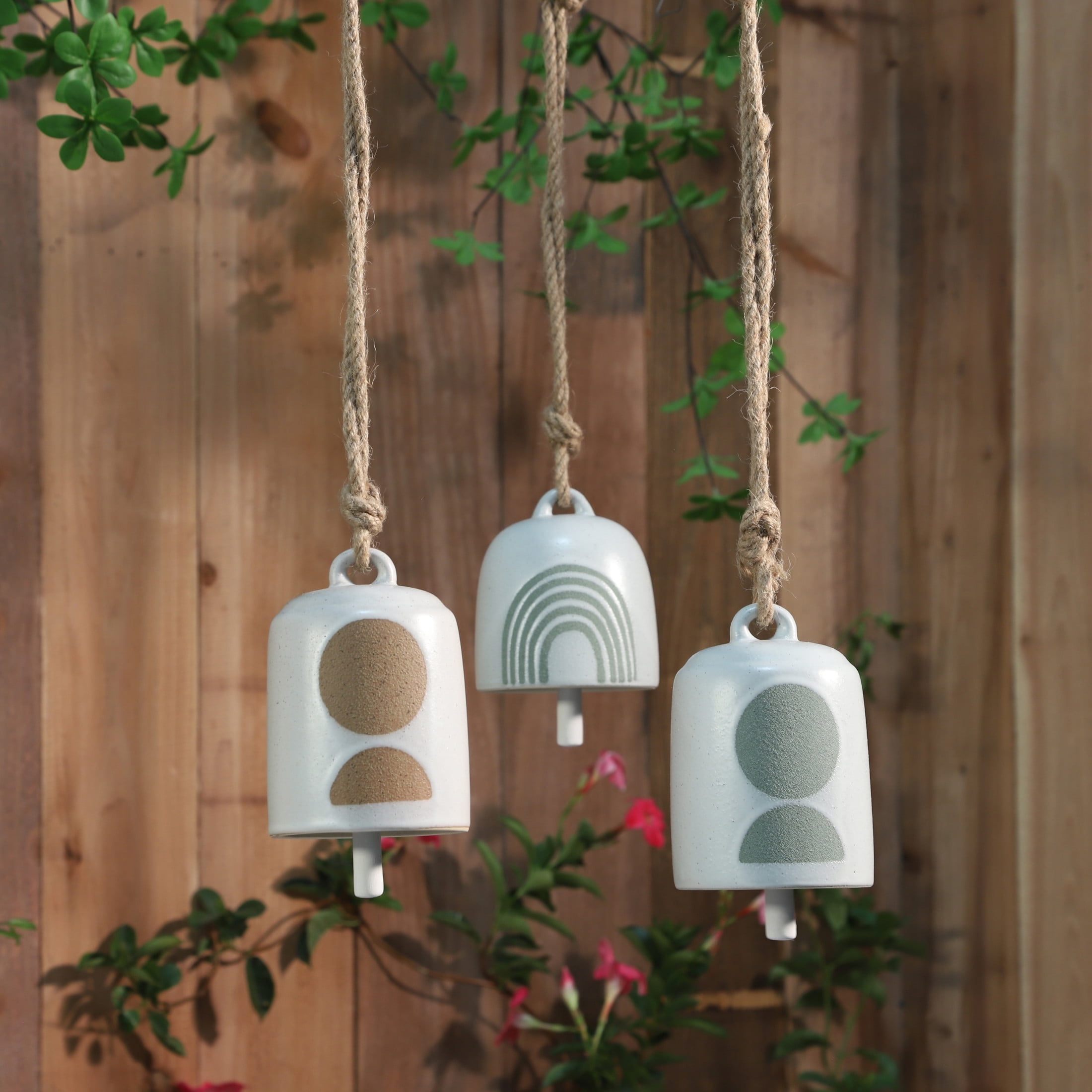 4" White and Green Ceramic Hanging Bell with Rainbow Design