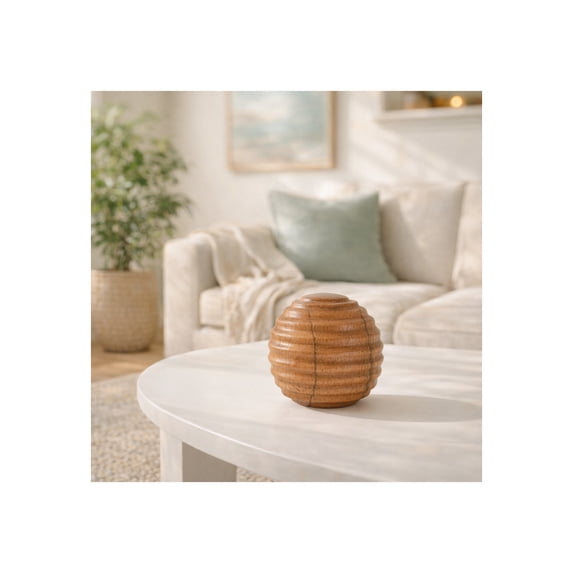 Wooden Orb with Ridges for Home Decor - Mango Wood Sculpture for Entryway, Coffee Table, and Living Room - Decorative Accent for Bathroom, Shelf Decor, and Office Styling - 4", Brown