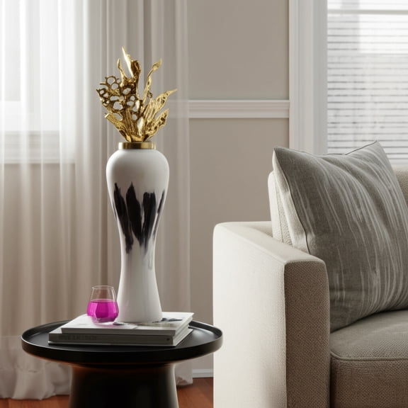 Tall Metal Decorative Vase with Leaf Lid for Home Decor - Flower Vase for Living Room, Bedroom, and House Decoration - Jar Display for Office, Dining Room, and Tabletop Accent - 43", Beige & Gold