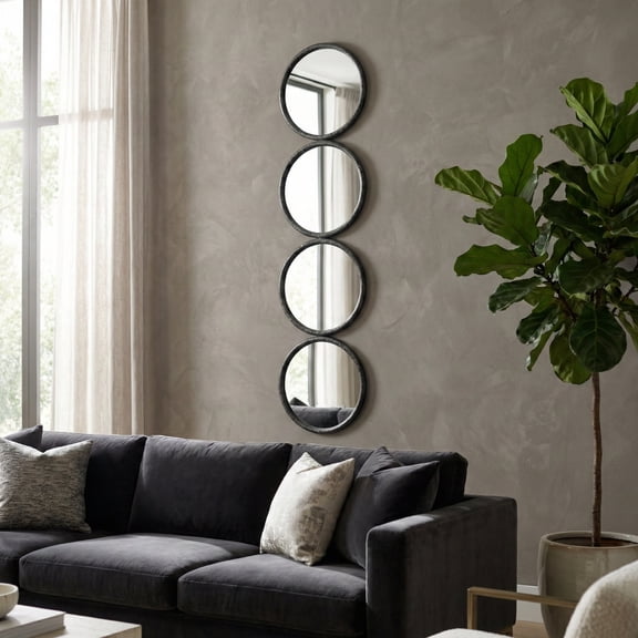 Four Linked Circular Panels Mirror for Bedroom Decor - Round Wall Mirror Bedroom Vanity, Bathroom, or Office Display - Decorative Metal Frame Design Accent for Dorm, Hallway, or Entryway - 48", Black