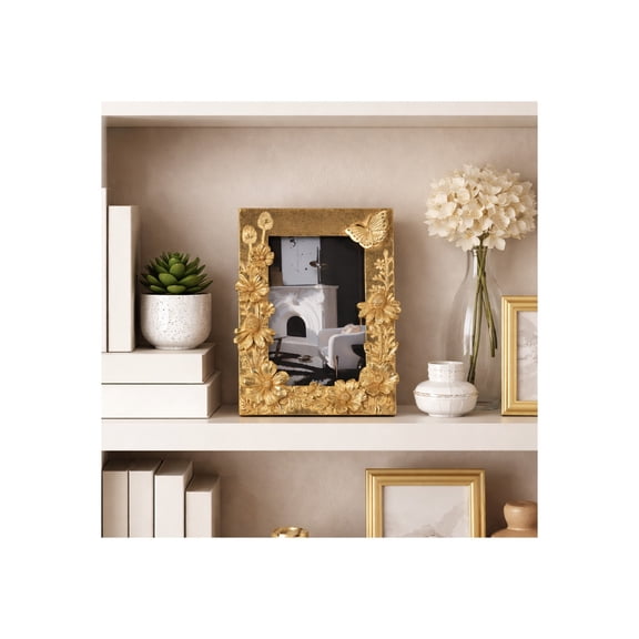 Decorative Floral Butterfly Resin Picture Frames for Tabletop Display - Rectangle Boho Style Photo Frame for Bedroom Dresser - Nature-Inspired Design for Pictures - 8", Gold & Metallic
