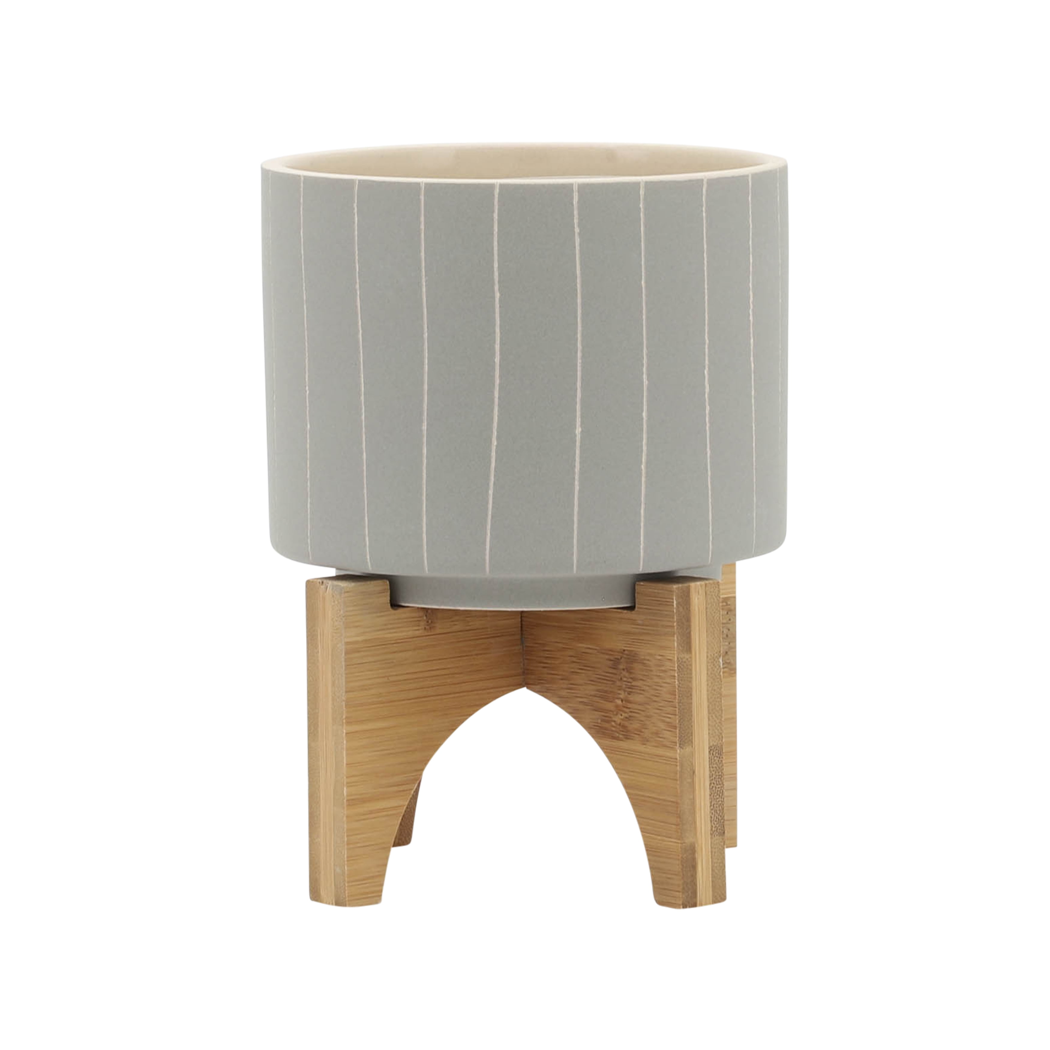 Tan Ceramic Striped Planter with Wooden Stand, 5"