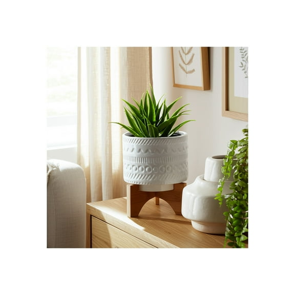Modern Ceramic Planter with Stand - White Ceramic Pot with Bamboo Base - Indoor & Outdoor Decorative Plant Holder - 8" White