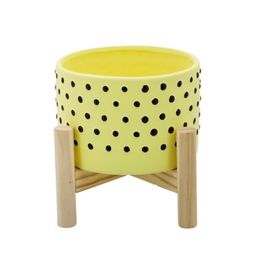 Sagebrook Home 6" Dotted Planter With Wood Stand, Yellow