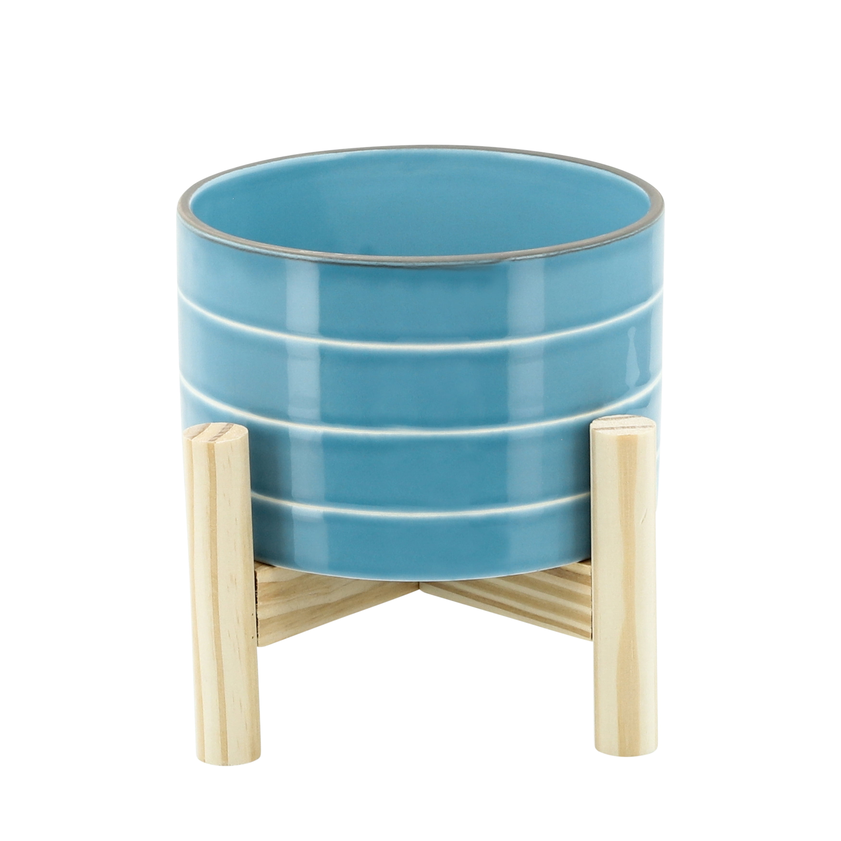 Sky Blue Ceramic Striped Planter with Wood Stand, 6"