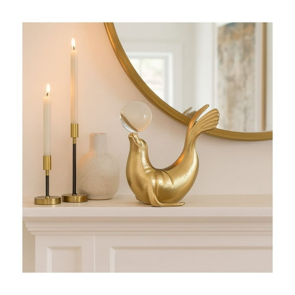 Sea Lion Figurine with Acrylic Ball for Home or Bathroom Decor - Decorative Sculpture Great for Office, Room, or Coffee Table Decor - Modern Ornament Statues for Shelf or Living Room Decor - 7", Gold