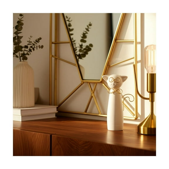 Modern Cat Figurine with Gold Wire Accents - Ceramic & Stoneware Decorative Sculpture for Home, Office, Bedroom & Living Room - 7" White